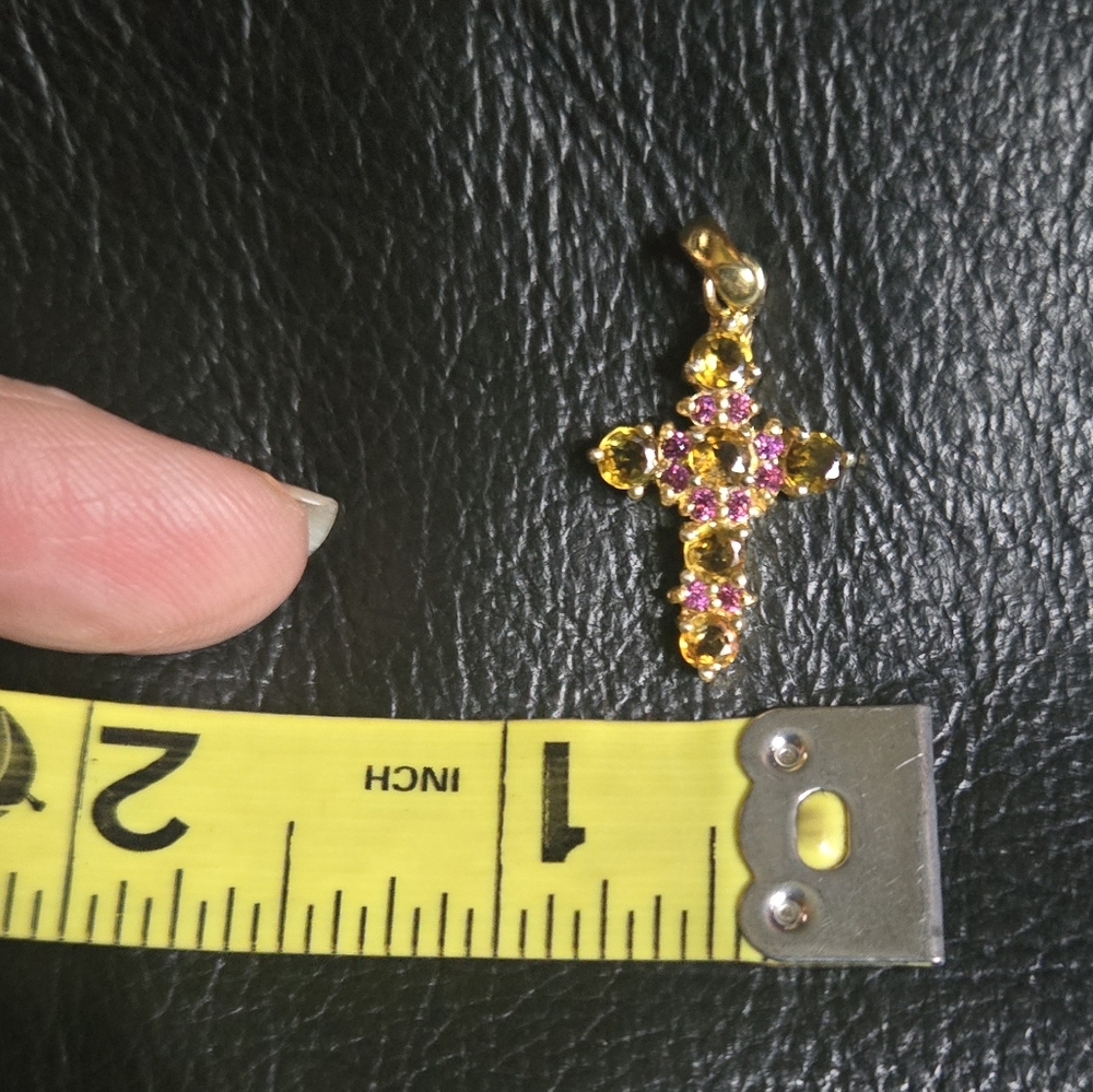 Tourmaline & Rhodolite Natural Sterling & Gold Cross Pendant Necklace 1" - Picture 4 of 10